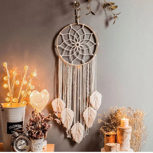 Dream catcher Handmade Semicircle Moon Design Dreamcatcher Feathers with  Star Wall Hanging Ornament Festival Craft Gift 