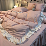 Popxstar Korean Princess Style Pink Four-Piece Lace Duvet Cover Sheet Single-Piece Washed Cotton Cute Girl Heart Bed Sheet