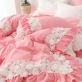 Popxstar Lace Flowers Embroidery Bedding Set Cotton Pink Princess Duvet Cover Bedspread Bed Skirt Pillowcases Solid Color Home Textile