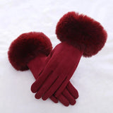 Popxstar Female Faux Rabit Fur Suede Leather Touch Screen Driving Glove Winter Warm Plush Thick Embroidery Full Finger Cycling Mitten H92
