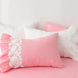 Popxstar Lace Flowers Embroidery Bedding Set Cotton Pink Princess Duvet Cover Bedspread Bed Skirt Pillowcases Solid Color Home Textile