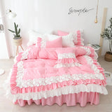 Popxstar Lace Flowers Embroidery Bedding Set Cotton Pink Princess Duvet Cover Bedspread Bed Skirt Pillowcases Solid Color Home Textile