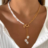 Popxstar Baroque Simulated Pearls Long Tassel Pendant Necklace For Women Beaded Link Chain Necklace Lariat Wedding Jewelry