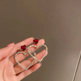 Popxstar Korean Fashion Jewelry Shining Rhinestone Hollow Heart Drop Earrings for Women Girls Vintage Red Crystal Earrings