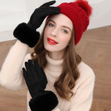 Popxstar Female Faux Rabit Fur Suede Leather Touch Screen Driving Glove Winter Warm Plush Thick Embroidery Full Finger Cycling Mitten H92