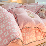 room inspo Winter Double-Sided Thickened Milk Coral Fleece Bed Four-Piece Set Fleece-lined Flange Suede Bed Sheet Quilt Cover Bedding Fitted Sheet