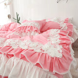 Popxstar Lace Flowers Embroidery Bedding Set Cotton Pink Princess Duvet Cover Bedspread Bed Skirt Pillowcases Solid Color Home Textile