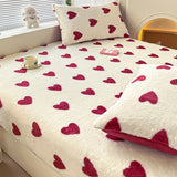 Popxstar Winter Thermal Plush Fitted Sheet Elastic Mattress Cover Red Heart Printed Warm Coral Fleece Bed Linens Queen King Size