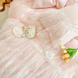 Popxstar 100% Cotton Romantic French Princess Wedding Bedding Set Lace Ruffles Duvet Cover Lace Bed Sheet Bed Skirt Bedspread Pillowcases