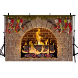 Popxstar Fireplace Fire Flame Background Winter Brick Wall firewood  Christmas  Backdrop Decoration Customize Photography Studio Props