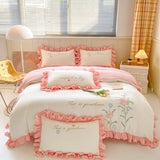 Popxstar room inspo ideas Cute Floral Bedding Set for Girls Boys Kids Single Queen Size Embroidery Duvet Cover with Ruffles Pillowcase Yellow Home Textile