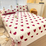 Popxstar Winter Thermal Plush Fitted Sheet Elastic Mattress Cover Red Heart Printed Warm Coral Fleece Bed Linens Queen King Size