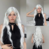 Popxstar Long Water Wave Wig with Bangs White Colorful Cosplay Silky Wig for Women Daily Party Natural Soft Synthetic Hair Heat Resistant