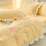 Popxstar room inspo ideas Cute Floral Bedding Set for Girls Boys Kids Single Queen Size Embroidery Duvet Cover with Ruffles Pillowcase Yellow Home Textile