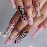 Popxstar 24Pcs/Lot Extra Long Ballet Fake Nails Butterfly with Diamonds Pink Full Cover Acrylic Press on Nail Tips Wearing Fake Nails Art