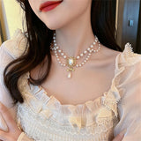 Popxstar Elegant White Pearl Heart Necklace Vintage Pearl Choker Necklace For Women Multi-Layer Bowknot Pendant Wedding Necklace Jewelry