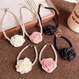 Popxstar Romantic Pink Rose Flower Necklace Bracelet Jewelry Set Elegant Imitation Pearl Chain Choker Necklaces Bangles For Party Wedding