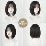 Popxstar Layered Wig Synthetic Short Straight Bob Wig for Women Daily Use High Density Dark Brown Wigs with Curtain Bangs