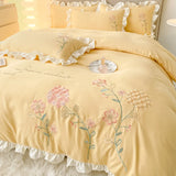 Popxstar room inspo ideas Cute Floral Bedding Set for Girls Boys Kids Single Queen Size Embroidery Duvet Cover with Ruffles Pillowcase Yellow Home Textile