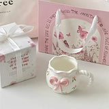 Popxstar Irregular Handmade Relief Pink Bow Coffee Ceramic Cup Gift Water Cup Kawaii Cup