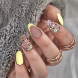 Popxstar 24Pcs Round Head Oval Manicure Lemon Yellow Summer Days Design Short Fake Nails Detachable Cute Nail Tips with Glue