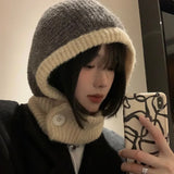 Popxstar Japanese Retro Balaclava Hat Women Scarf Winter Hat and Neck Cold Proof Warm Knit Cap Female Fashion Color Matching Women's Hats