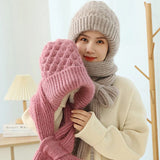 Popxstar Plush Hat And Scarf All In One Knitted Women Winter Warm Hat Scarf Thickened Hooded Ear Protection Outdoor Ski Female Beanie Cap