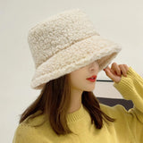 Popxstar Winter Warm Bucket Hats Lamb Wool Faux Fur Caps Women Thicken Plush Hats Winter Warm Velvet Hats For Women