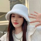 Popxstar Women Winter Outdoor Vacation Lady Panama Thickened Soft Warm Fishing Cap Faux Fur Rabbit Bucket Hat