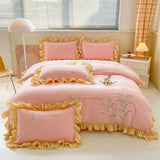 Popxstar room inspo ideas Cute Floral Bedding Set for Girls Boys Kids Single Queen Size Embroidery Duvet Cover with Ruffles Pillowcase Yellow Home Textile