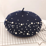 Popxstar Woolen pearl beret woman Autumn-winter Korean all-matching Japanese painter hat British retro pumpkin hat woman