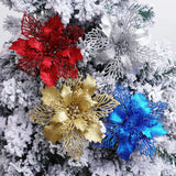 Popxstar 10Pcs 9-16cm Artificial Christmas Flowers Xmas Tree Decoration Glitter Red Poinsettia Flowers For Home Navidad New Year Ornament