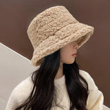 Popxstar Winter Warm Bucket Hats Lamb Wool Faux Fur Caps Women Thicken Plush Hats Winter Warm Velvet Hats For Women