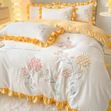 Popxstar room inspo ideas Cute Floral Bedding Set for Girls Boys Kids Single Queen Size Embroidery Duvet Cover with Ruffles Pillowcase Yellow Home Textile