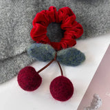 Popxstar Cute Wool Felt Cherry Hair Scrunchies Red Velvet Headbands Girls Sweet Head Rope Women Ties Ponytail Rubber Band New Year's Gift