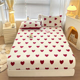 Popxstar Winter Thermal Plush Fitted Sheet Elastic Mattress Cover Red Heart Printed Warm Coral Fleece Bed Linens Queen King Size