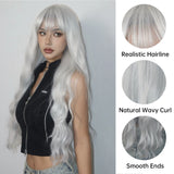 Popxstar Super Long Curly Silver Synthetic Wig with Fluffy Bangs White Water Wave Hair Wigs for Women Daily Use Cosplay Colored Hair Wig