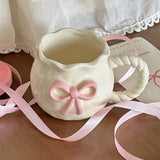 Popxstar Irregular Handmade Relief Pink Bow Coffee Ceramic Cup Gift Water Cup Kawaii Cup