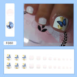 Popxstar 24PCS Cute Blue Butterfly False Toenails with Gold Foil Design Summer Style Girl Women Square Fake Toe Nails Full Cover Wearable