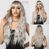 Popxstar Super Long Curly Silver Synthetic Wig with Fluffy Bangs White Water Wave Hair Wigs for Women Daily Use Cosplay Colored Hair Wig