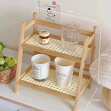 Popxstar Ins Antique Rattan Cream Double-layer Desktop Storage Rack Dormitory Bedroom Office Kitchen Cup Holder Organizing Storage Rack