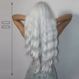 Popxstar Super Long Curly Silver Synthetic Wig with Fluffy Bangs White Water Wave Hair Wigs for Women Daily Use Cosplay Colored Hair Wig