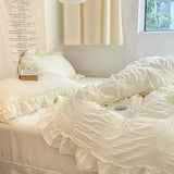 Popxstar room inspo ideas Ins Style Korean Bedding Set Lace Seersucker 4-piece Bed Sheet Set Quilt Cover Solid Duvet Cover For Girl Spring Decor Home