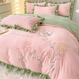 Popxstar room inspo ideas Cute Floral Bedding Set for Girls Boys Kids Single Queen Size Embroidery Duvet Cover with Ruffles Pillowcase Yellow Home Textile