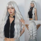 Popxstar Super Long Curly Silver Synthetic Wig with Fluffy Bangs White Water Wave Hair Wigs for Women Daily Use Cosplay Colored Hair Wig