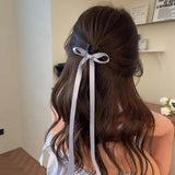 Popxstar 2pcs Ins Style Y2K Ponytail Hair Clip Ribbon Bow Shark Clip Hair Bows Women Korean Long Tassel Ribbon Hairpin Hair Accessories