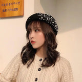 Popxstar Woolen pearl beret woman Autumn-winter Korean all-matching Japanese painter hat British retro pumpkin hat woman