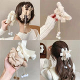 Popxstar cute winter outfits New Fashion Bow Tassel Pendant Hair Clips Korea Ponytail Plush Shark Claw Girls Fall and Winter Gift Hair Accessories