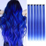 Popxstar Clip in Hair Extensions Colored Party Highlights 22 inches 6pcs/pack Multi-colors Straight Hair Synthetic Hairpieces Royal Blue