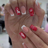 Popxstar 24pcs Christmas Wearable Press on Nails Red Fake Nails Detachable Short Square Nail Lovely False Nails Накладные Ногти Uñas 네일팁